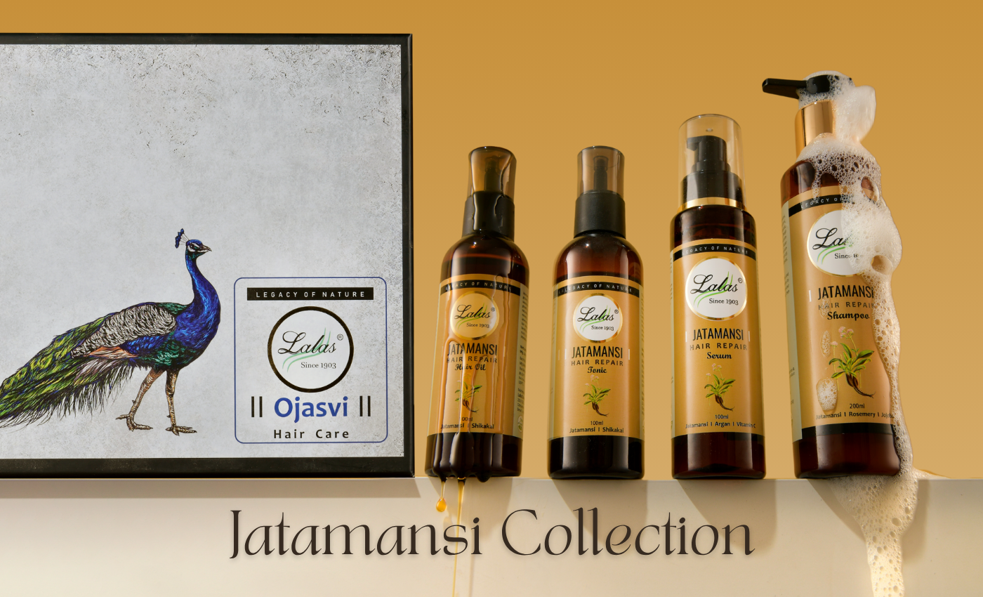 Jatamansi Collection hair care products with a peacock illustration on a yellow background